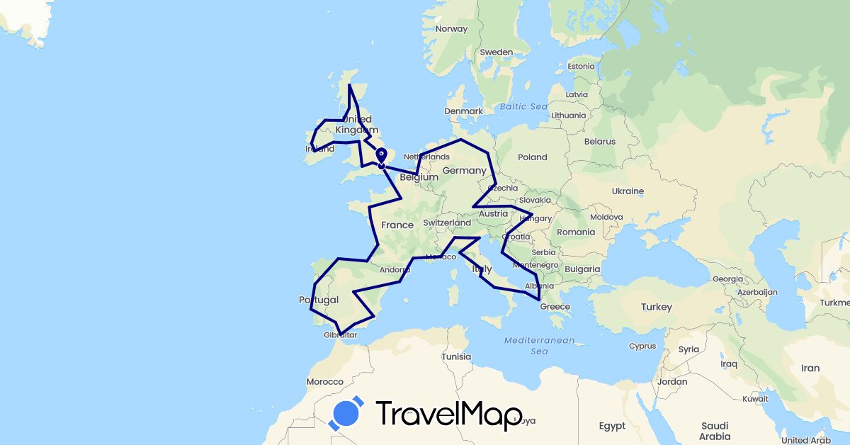 TravelMap itinerary: driving in Albania, Austria, Belgium, Czech Republic, Germany, Spain, France, United Kingdom, Gibraltar, Greece, Croatia, Hungary, Ireland, Italy, Monaco, Netherlands, Portugal (Europe)
